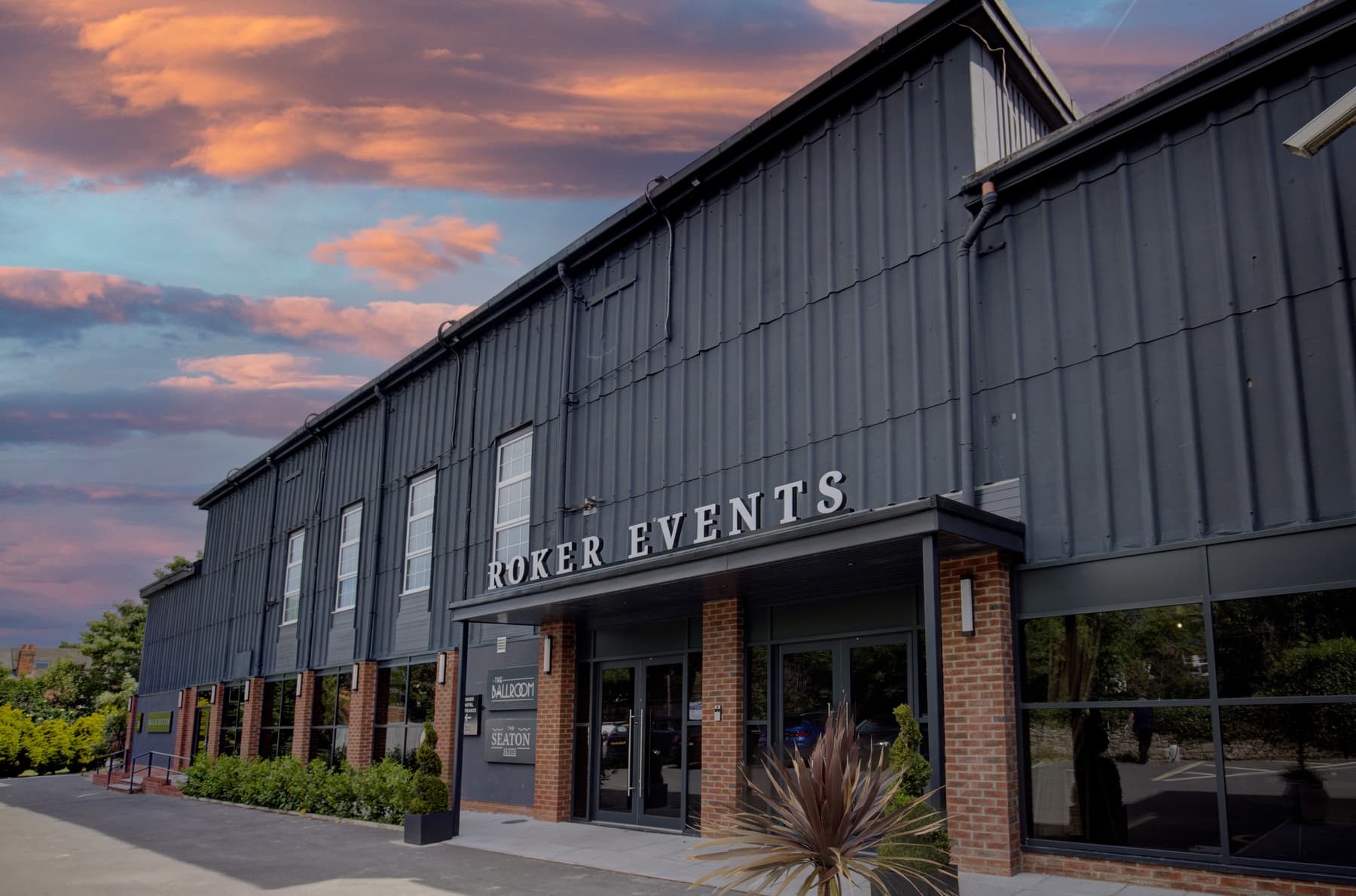 Roker Events building at sunset