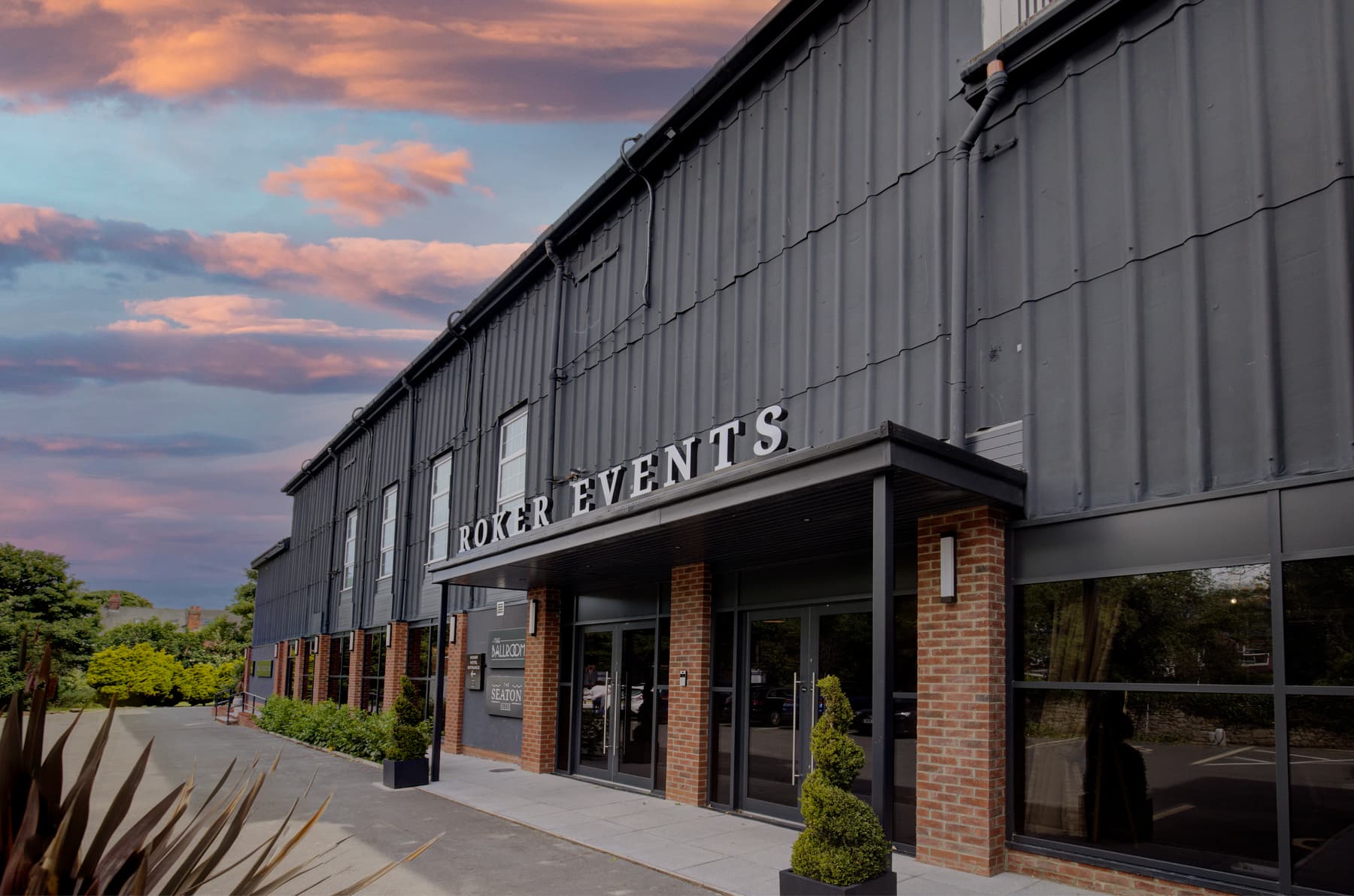 Roker Events building at sunset