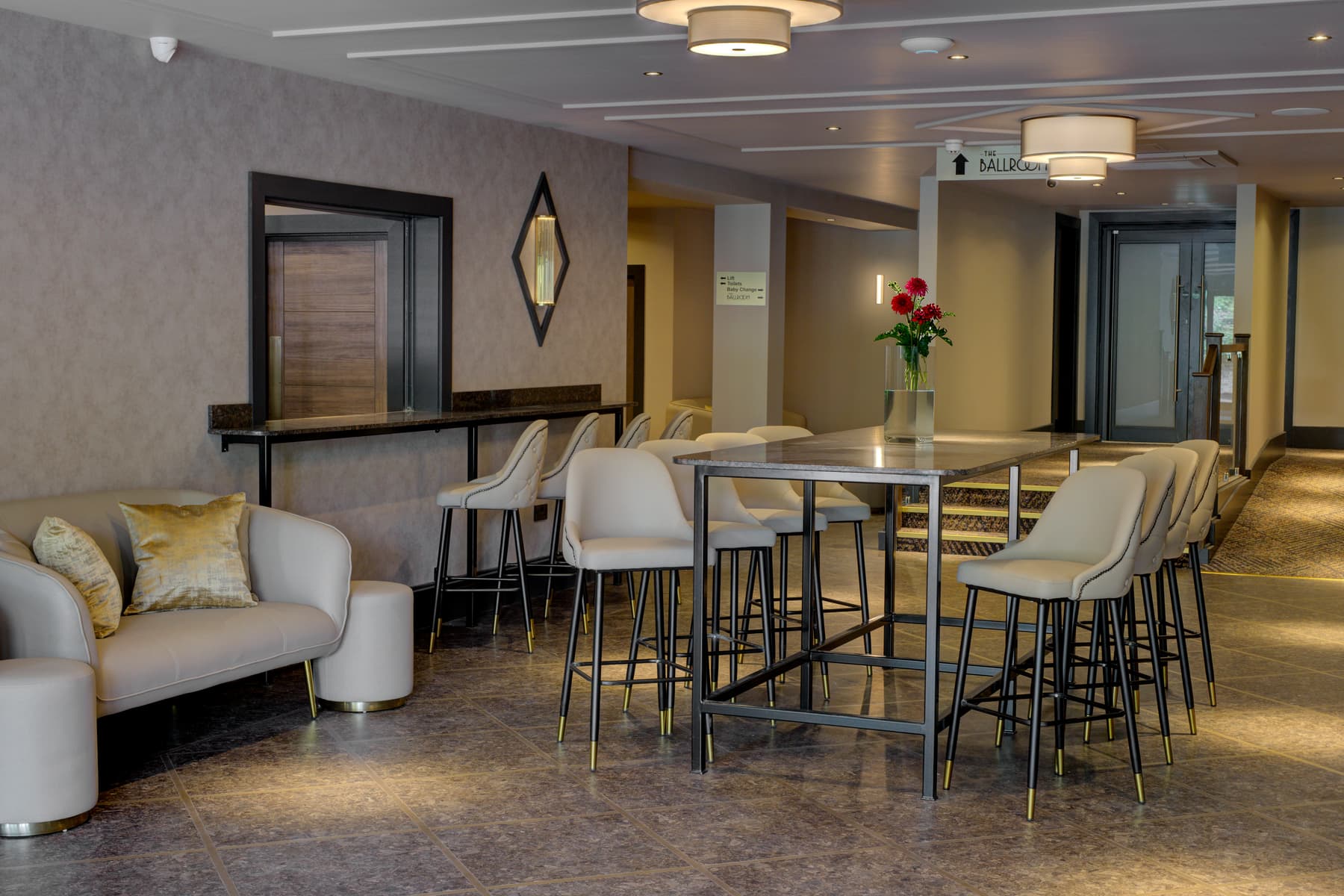 Reception lounge at Roker Events dressed with flowers